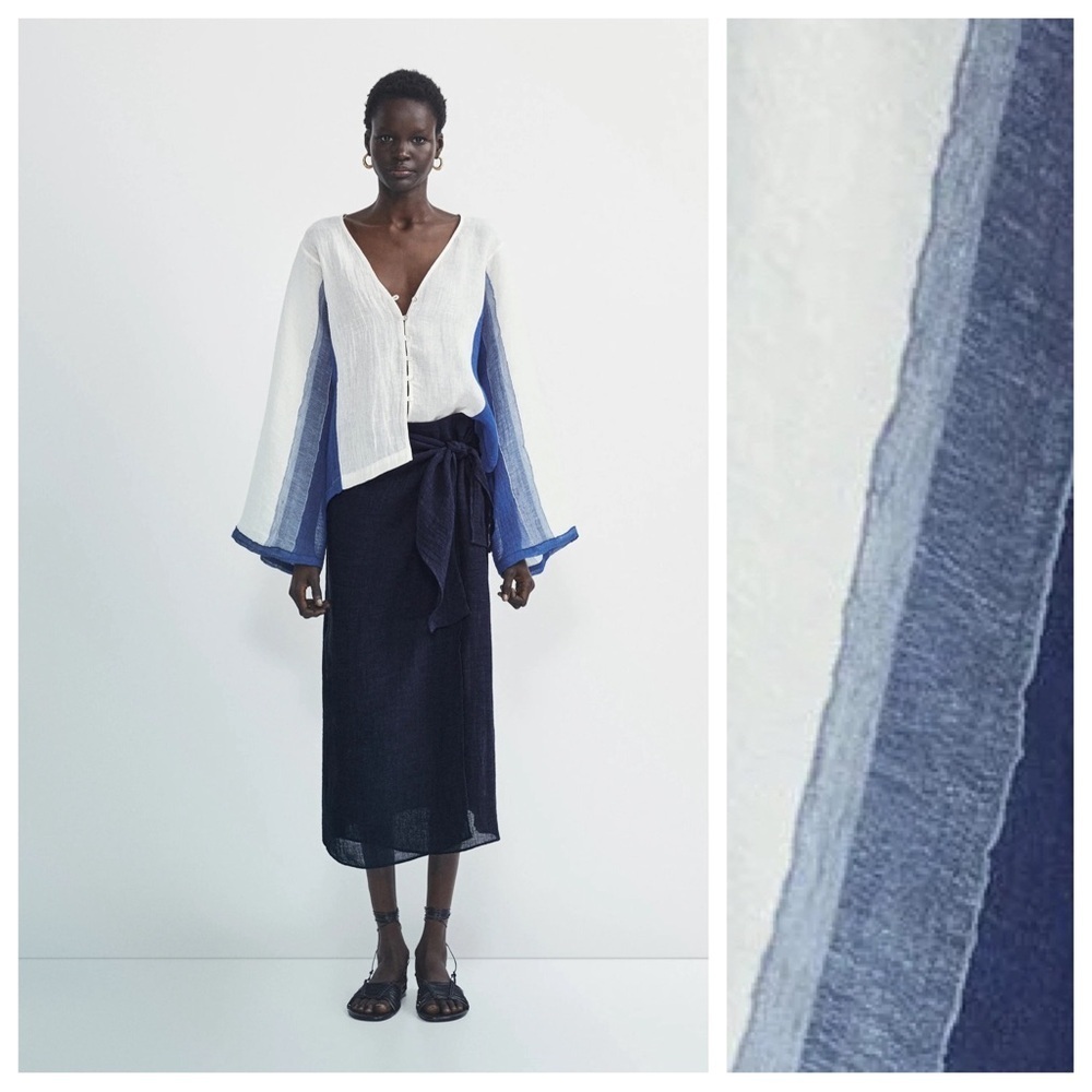 NWT. Massimo Dutti White/Blue Contrast Embossed Textured Blouse. Size S.